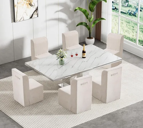 Miniatura 12 de Juego de mesa de comedor extensible marrón de 9 piezas para 8, 63 a 78.74 pulgadas, juego de mesa de cocina y comedor, mesa de comedor extensible