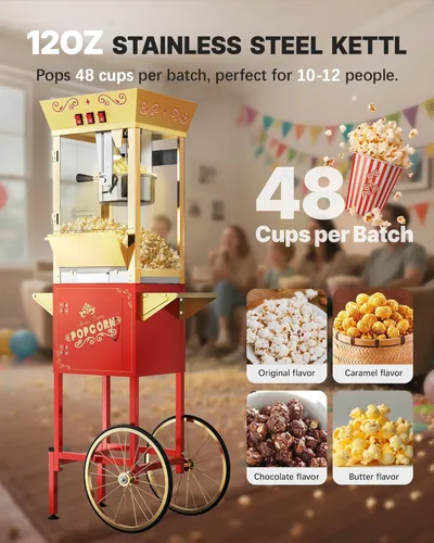 Miniatura 2 de Carrito de máquina de palomitas mejorado de 12 oz, máquina para hacer palomitas con hervidor de acero inoxidable que hace hasta 48 tazas, máquina
