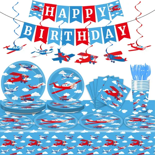 Juego de 184 suministros para fiesta de cumpleaños de avión, incluye platos de avión, servilletas, mantel, banderín, kit de vajilla, desecha el