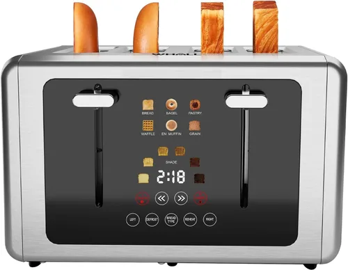 Whall Tostadora inteligente de 4 rebanadas con pantalla táctil y ranuras extra anchas, control independiente doble, 6 niveles de tostado y 6 tipos