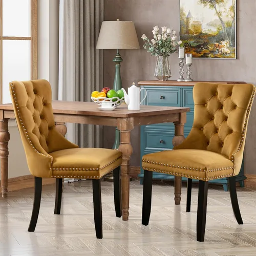 Miniatura 92 de Juego de 2 sillas de comedor tapizadas de tela de lino, sillas de cocina modernas de mediados de siglo con respaldo alto, ribete de cabeza de clavo