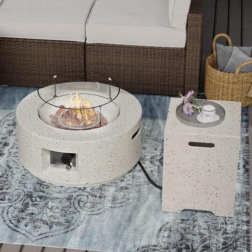 Miniatura 4 de SUNBURY Mesa redonda para fogata de propano de 28 pulgadas, mesa redonda con tanque de 40.000 BTU, mesa de gas blanca manchada para patio
