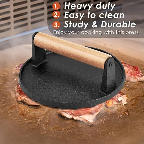 Miniatura 4 de HaSteeL Prensa de parrilla de hierro fundido individual, prensa de hamburguesa de tocino resistente de 7 pulgadas con mango de madera, prensa