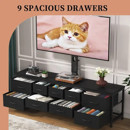 Miniatura 4 de Soporte de TV con soporte y 9 cajones de tela, soporte universal para TV de 32 a 75 pulgadas, centro de entretenimiento moderno, consola multimedia