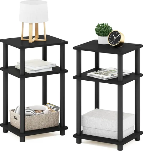 Furinno Just Turn-N-Tube Mesita lateral auxiliar y de noche de 3 niveles con postes de plástico, paquete de 2 unidades, roble americano/negro