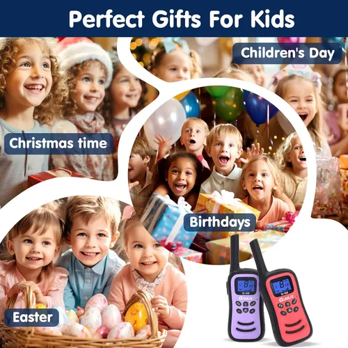 Miniatura 7 de QUOLIX Walkie Talkies para niños, paquete de 2 unidades, juguetes recargables para niños de 3 a 12 años, Walkie Talkie de largo alcance con 22