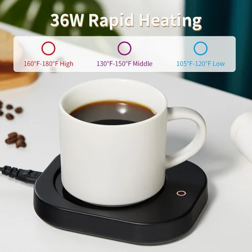 Miniatura 2 de Calentador de tazas con apagado automático de 4 horas, 3 ajustes de temperatura, calentador eléctrico rectangular negro esmerilado, panel de vidrio