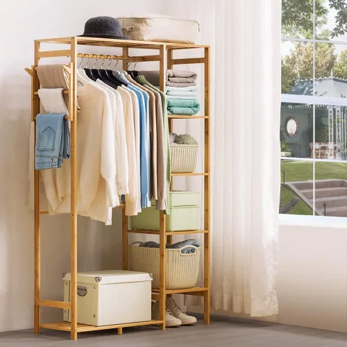 Miniatura 3 de Ufine Perchero de bambú para ropa de 6 niveles, estante colgante de ropa con ganchos laterales, estante de ropa resistente, organizador portátil