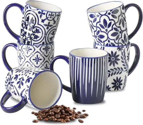 Miniatura 8 de HASENSE 15OZ Coffee Mugs, Ceramic Coffee Mugs Set of 4 with Handle, Coffee Cups Ceramic with Blue and White Floral Patterns, Porcelain Mug Set for