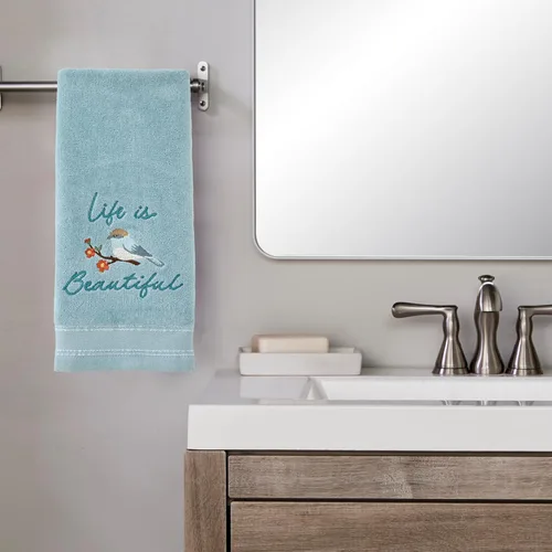Miniatura 5 de SKL Home Hermoso juego de 2 toallas de mano 100% algodón, bordadas y decorativas para baño/cocina/bar y regalo, aguamarina