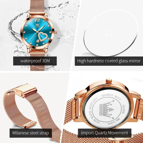 Miniatura 5 de OLEVS - Reloj de oro rosa para mujer con correa de malla, estilo de moda, diseño de corazones, de cuarzo japonés, resistente al agua, luminiscente
