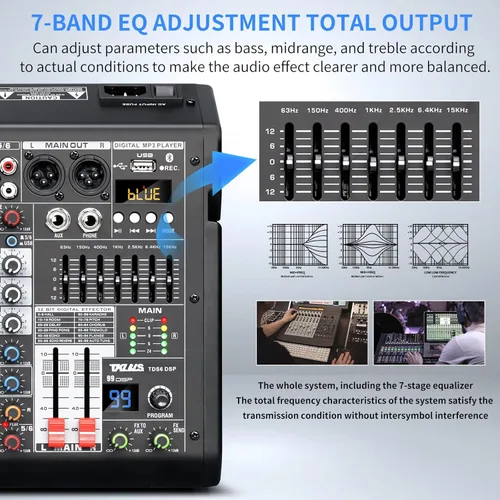 Miniatura 4 de Mezclador de audio, mezclador profesional de DJ de 6 canales con efectos DSP de 99 bits, ecualizador de 7 bandas, alimentación fantasma de 48 V