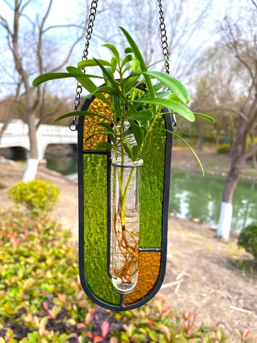 Miniatura 6 de LITMIND Estación de Propagación de Plantas de Vidrio Emplomado, Maceta Terrario Hidropónico Colgante con 2 Tubos de Vidrio - Perfecto