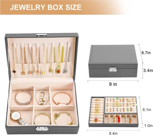 Miniatura 6 de Joyero para mujeres y niñas, 2 capas de cuero, organizador de joyas de viaje, estuche de almacenamiento con cerradura y bandeja extraíble