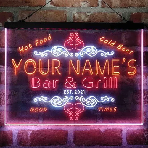 Miniatura 14 de Letrero de luz de neón LED tricolor personalizado para bar y parrilla, nombre personalizado, fecha, texto, cita, fuente blanco, azul y rojo, 17.7 x