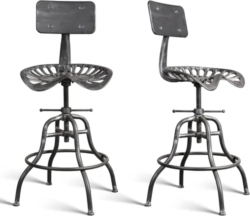 Miniatura 4 de Taburete de bar industrial, silla de tractor, silla de montar de granja, respaldo, encimera, altura ajustable, taburete de bar de hierro fundido