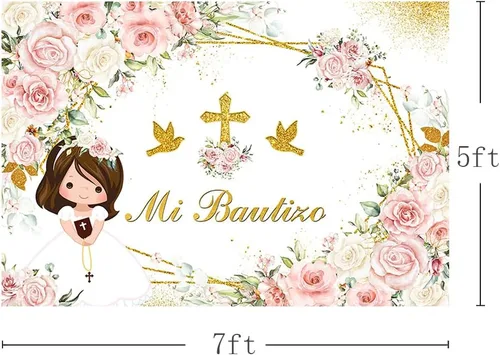 Miniatura 2 de MEHOFOND Mi Bautizo - Telón de fondo para niña, fondo de bautismo floral rosa con cruz dorada, fondo bohemio para bautizo de primera comunión, fondo