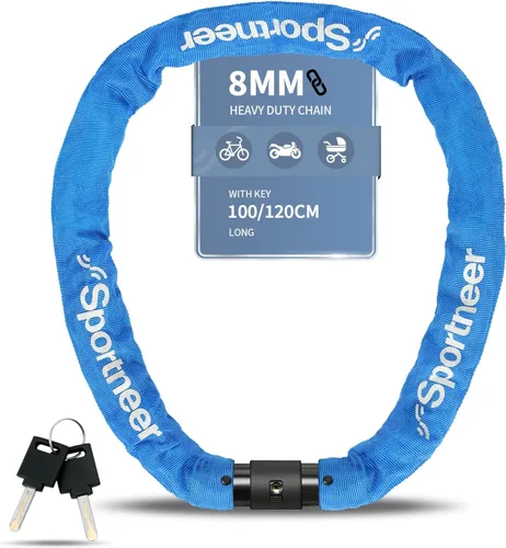 Miniatura 10 de Sportneer Candado para bicicleta: Candado de cadena de bicicleta de alta seguridad de 8mm de grosor con 2 llaves - 0.97/1.2 metros de largo, candado