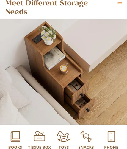 Miniatura 5 de Mesa auxiliar estrecha con estación de carga, mesitas de noche pequeñas, mesita de noche moderna de mediados de siglo con almacenamiento, mesa
