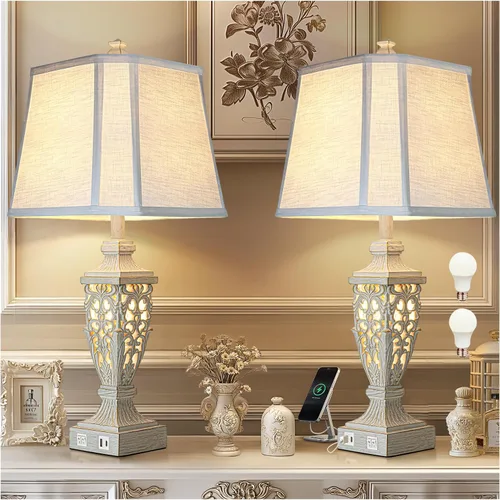Miniatura 8 de Juego de 2 lámparas de mesa rústicas de 27" con luz nocturna para dormitorio, sala de estar, carga USB, lámpara de mesita de noche de granja