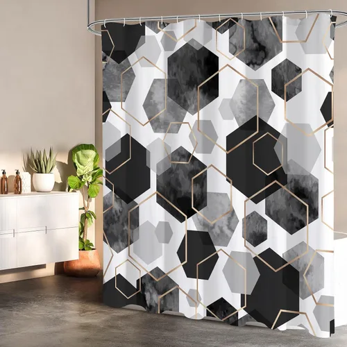 Miniatura 2 de Litabel Cortina de Ducha Moderna Pequeña para Cabina de Baño, Arte Decorativo Geométrico Negro Cortina de Baño Impermeable, Juego de Cortinas
