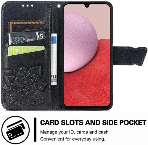 Miniatura 2 de Funda para Samsung Galaxy A14 5G, Samsung A14 5G, piel sintética de alta calidad con diseño de flor de mariposa en relieve, función atril, ranuras