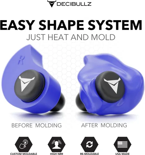 Miniatura 2 de Decibullz - Tapones para oídos moldeables a medida, 31 dB NRR más alto, protección auditiva cómoda para disparar, viajar, trabajar y conciertos Azul