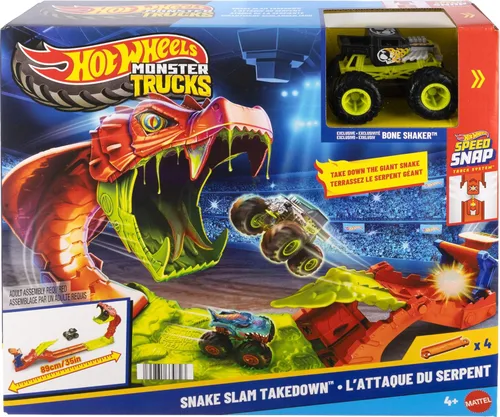 Miniatura 7 de Hot Wheels Conjunto de Juguetes de Camiones Monstruo, Juego de Pista Snake Slam Takedown con Vehículo Exclusivo Bone Shaker a Escala 1:64, Incluye