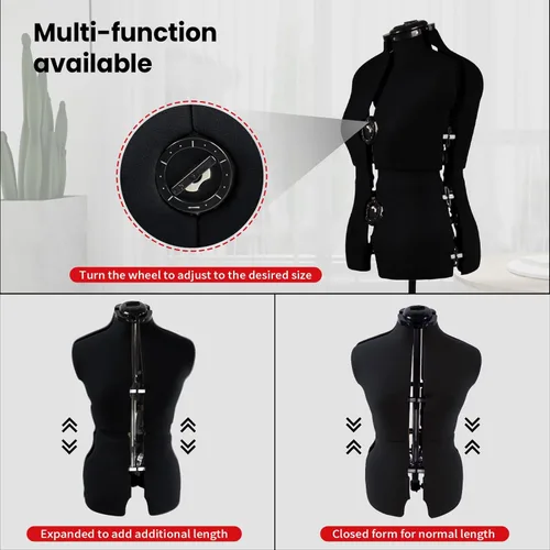 Miniatura 3 de Maniquí Ajustable para Vestidos Negro, Forma de Cuerpo Femenino de Talla 12-18, para Costura, Forma de Cuerpo con 13 Diales y Ruedas Desmontables