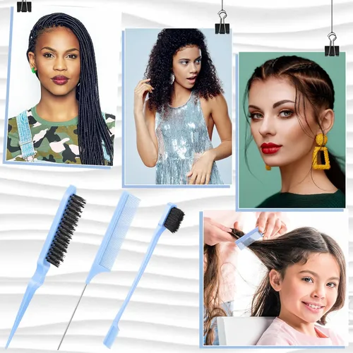 Miniatura 7 de Geiserailie Juego de 3 cepillos para el cabello con parte trasera lisa, cepillo de cerdas, control de bordes, peine para mujer, cabello negro