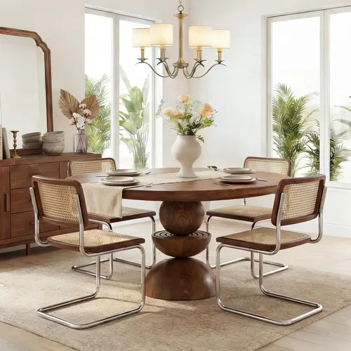 Miniatura 9 de Flouki Juego de 4 sillas de comedor de ratán, sillas decorativas bohemias para cocina con malla de caña natural, diseño voladizo de mediados