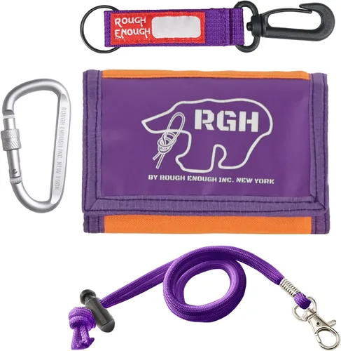 RGH Rough Enough - Cartera para niños, adolescentes, niñas, con cordón, bolsillo para monedas, llavero, color morado, Púrpura, Cartera triple con
