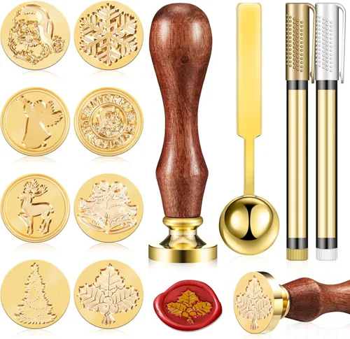 Miniatura 7 de Juego de 8 sellos de cera para Navidad, Halloween, mango de madera, cuchara de fusión, 2 bolígrafos metálicos para decoración de sellos de cera