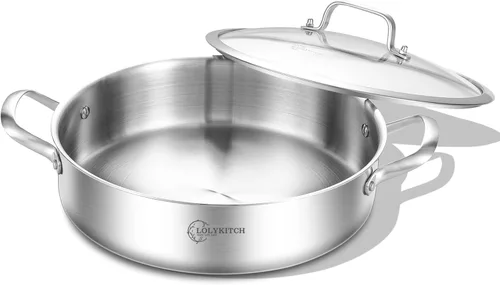 LOLYKITCH Sartén de acero inoxidable de tres capas de 6 cuartos de galón con tapa, olla de inducción de 12 pulgadas, apta para lavavajillas y horno