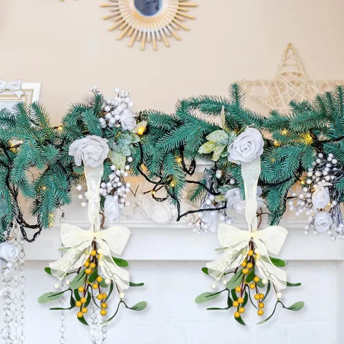 Miniatura 5 de Chunyin 2 piezas de muérdago de decoración navideña artificial de muérdago, decoración navideña con bayas y lazo de cinta blanca, bola de beso