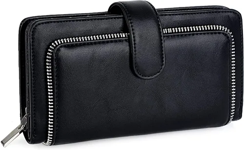 Miniatura 8 de UTO Cartera de cuero vegano para mujer, cartera larga con broche de presión, tarjetero de crédito, elegante embrague