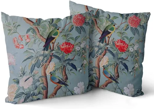 Chinoiserie - Funda de almohada de 16 x 16 pulgadas, color azul y gris, diseño floral de pájaro vintage, fundas de almohada decorativas granja flor