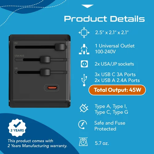 Miniatura 4 de Ceptics Adaptador de viaje universal 8 en 1 para la UE, Reino Unido, EE. UU., AU y más, adaptador de viaje mundial, 2X enchufe de EE. UU., enchufe
