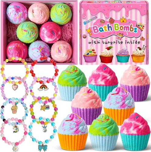 Bombas de baño para niños con joyas sorpresa en el interior, juego de 8 bombas de baño para cupcakes, niñas, adolescentes, regalo de cumpleaños para