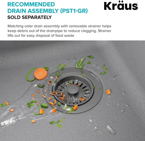 Miniatura 11 de Kraus Quarza Fregadero de cocina Cuencos de 33 pulgadas 60/40 Granito gris Modelo KGD-442