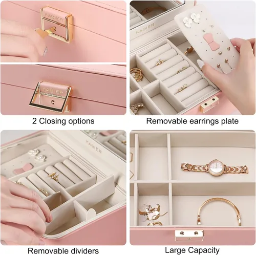 Miniatura 5 de KAMIER Joyeros para mujer 2 capas de piel sintética caja de joyería de viaje gran capacidad doble cerradura y espejo grande ganchos ocultos