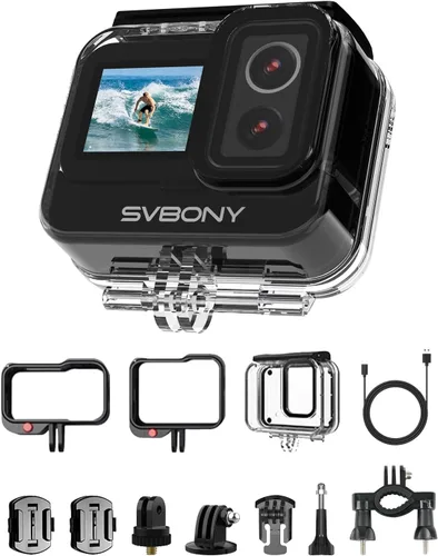 SVBONY SVGo 4K30FPS - Cámara de acción de 20 MP, cámara submarina de doble lente, estabilización EIS de 6 ejes, zoom 8X, pantalla IPS dual,