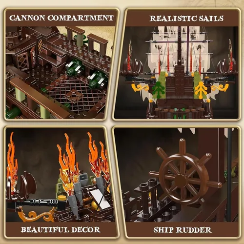 Miniatura 10 de Mould King Kits de Bloques de Construcción de Modelo de Barco Pirata Grande, Bloque de Construcción de Barco Pirata Holandés MOC para Construir