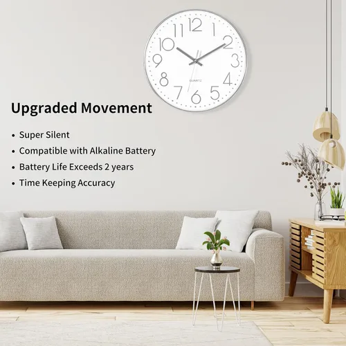 Miniatura 3 de Foxtop Reloj de pared plateado silencioso sin tictac, funciona con pilas, redondo, moderno, para oficina, escuela, hogar, sala de estar, dormitorio