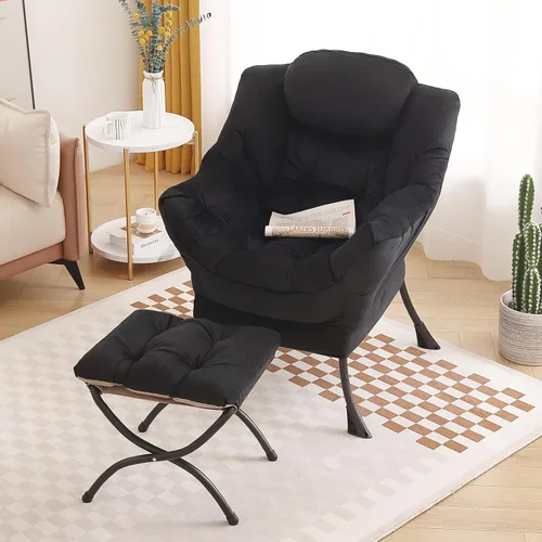 Miniatura 8 de Tiita - Silla perezosa con otomana, moderna y grande, sillón de ocio con reposabrazos y bolsillo lateral, silla de sofá de lectura cómoda con Negro