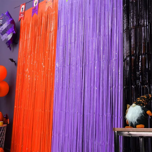 Miniatura 3 de Mega-L - Cortinas de flecos de papel de aluminio para Halloween, paquete de 3 accesorios para cabina de fotos, 18 calcomanías de PVC de murciélago