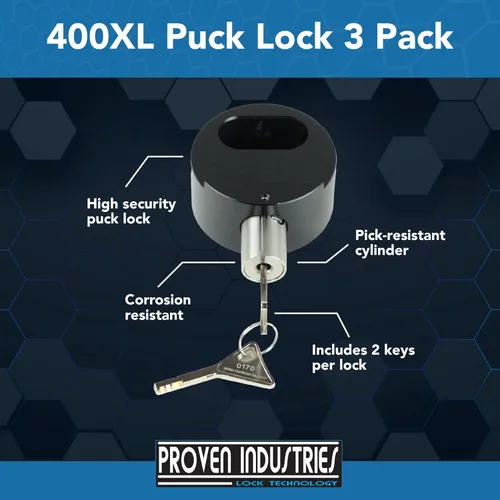 Miniatura 2 de Proven Industries - Juego de cerraduras Puck-Lock modelo 400XL, fabricado en los Estados Unidos, paquete de 3, color negro