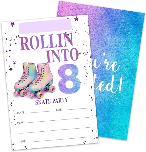 Miniatura 11 de 5ª invitaciones de cumpleaños para fiestas de patinaje sobre ruedas para niñas y niños, tarjetas de invitación de patines rosas con sobres, 20