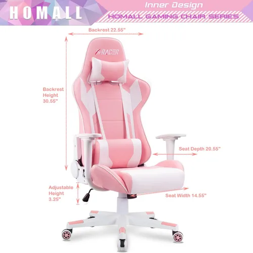 Miniatura 3 de Homall - Silla ejecutiva con respaldo alto, de piel sintética, ergonómica, ajustable y giratoria con soporte lumbar y reposacabezas para juego, Rosa