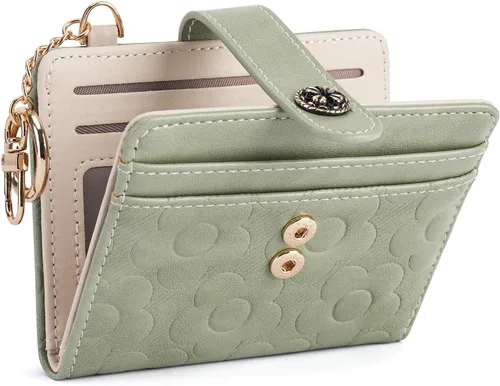 Miniatura 7 de Cartera RFID para mujer, delgada y pequeña, de piel con estampado de flores, plegable, compacta, con tarjetero y bolsillo para monedas, color marrón
